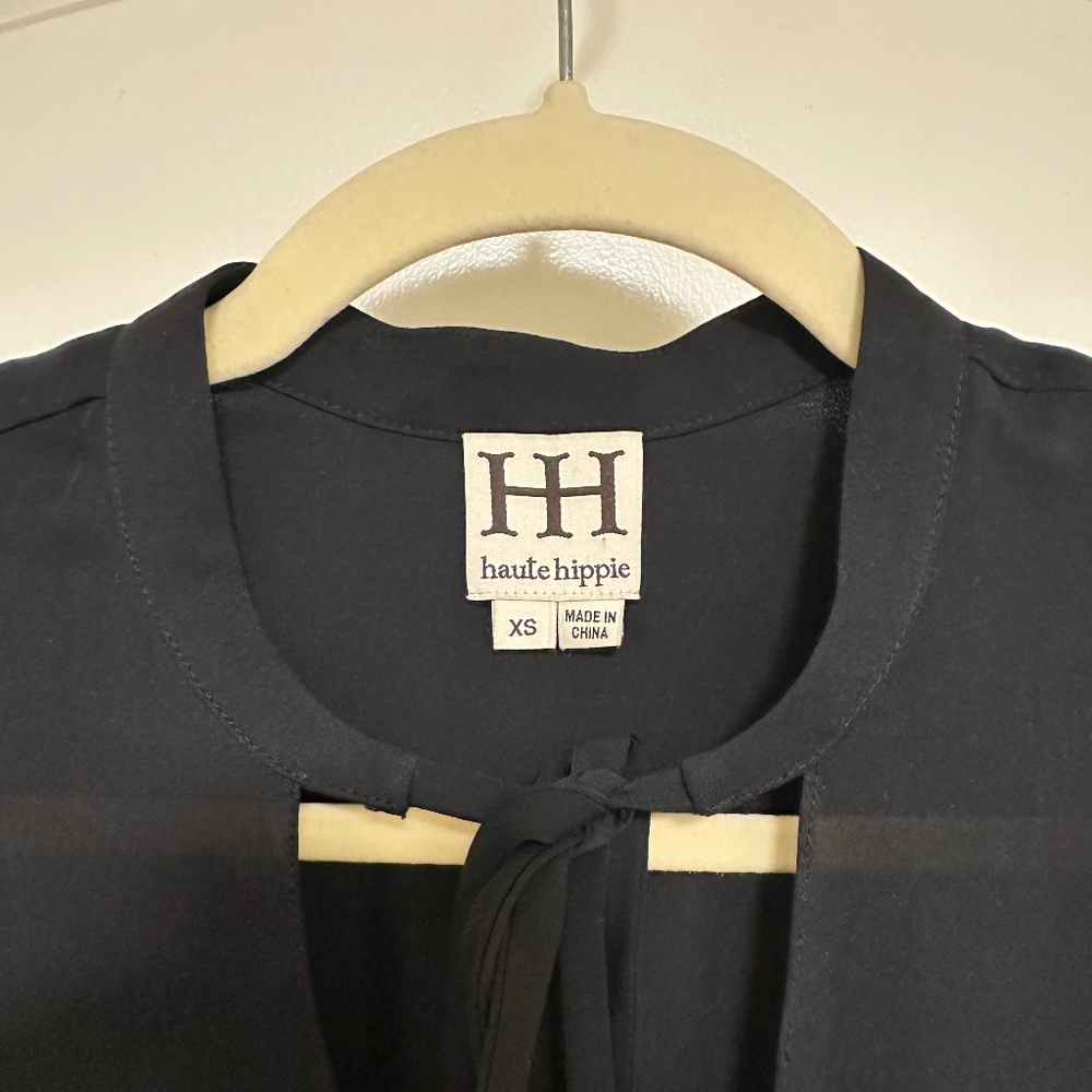 NWOT Haute Hippie Long Sleeve Tie Details Black Blouse 100% Silk XS - Picture 6 of 12